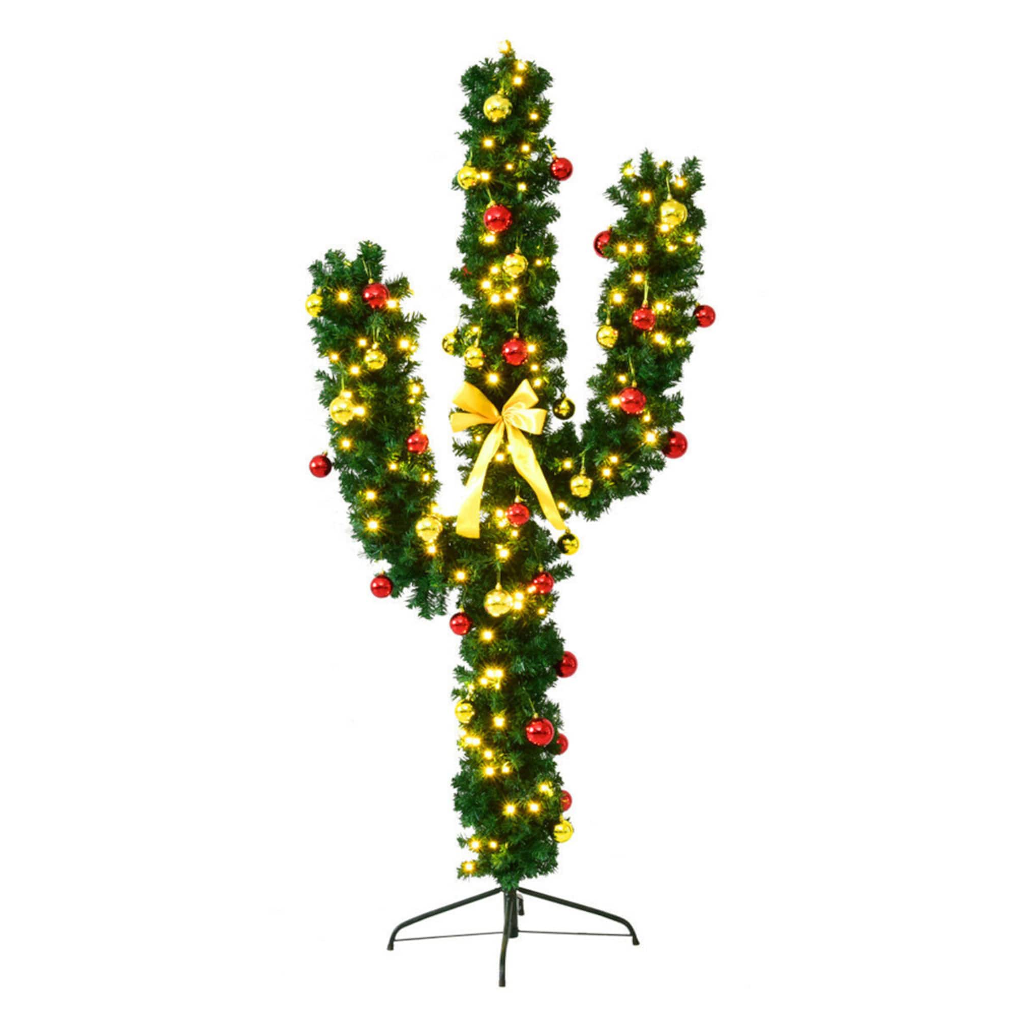 Costway 5ft. Pre-Lit Cactus Artificial Christmas Tree with Ball Ornaments, Warm White LED Lights